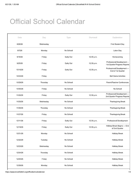 Brookfield R-III School District 2026–2027 Academic Calendar Page 1