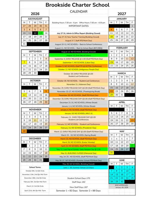 Brookside Charter School 2026–2027 Academic Calendar Page 1