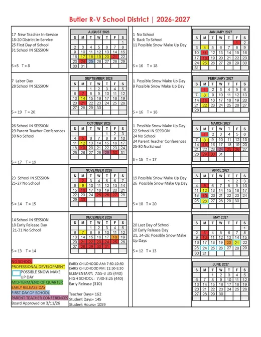 Butler R-V School District 2026–2027 Academic Calendar Page 2