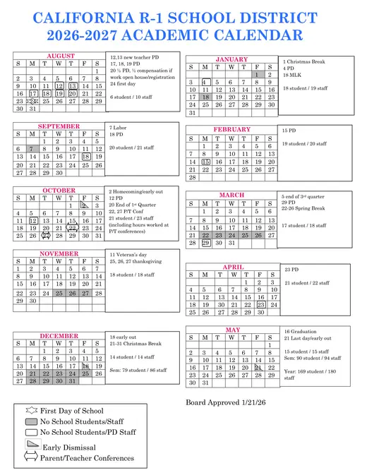 California R-1 School District 2026–2027 Academic Calendar