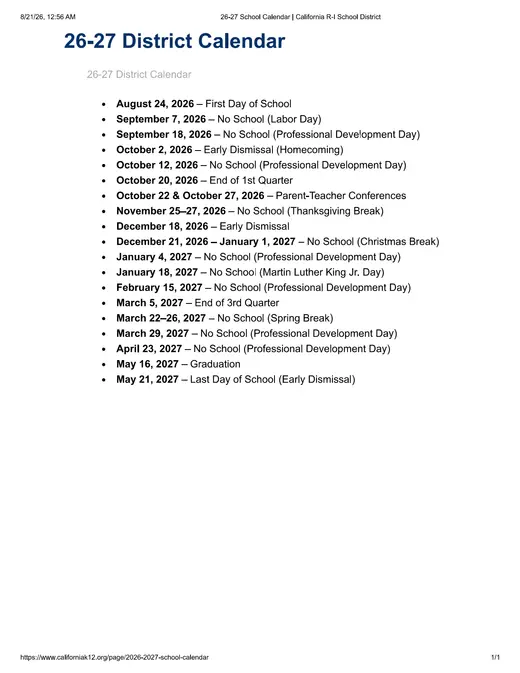 California R-I School District 2026–2027 Academic Calendar Page 1
