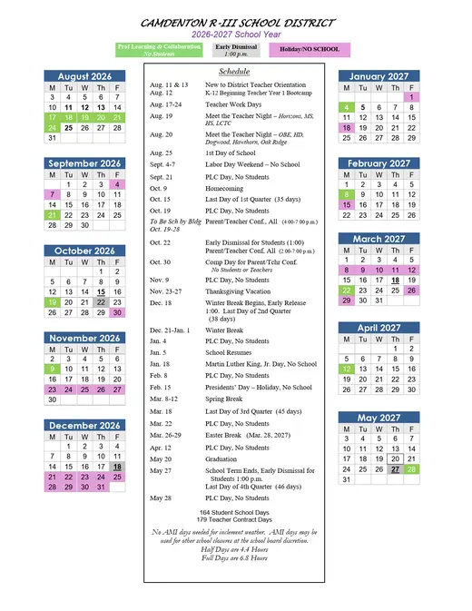 Camdenton R-III School District 2026–2027 Academic Calendar Page 1