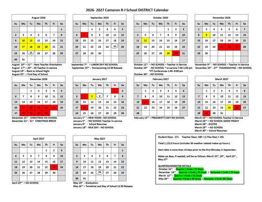 Cameron R-I School District 2026–2027 Academic Calendar Page 1
