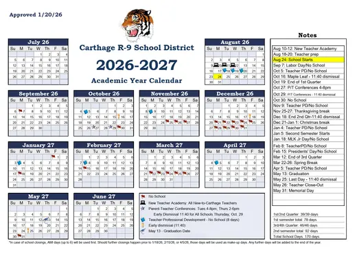 Carthage R-9 School District (1) 2026–2027 Academic Calendar Page 1