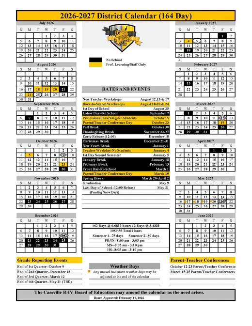 Cassville R-IV School District 2026–2027 Academic Calendar Page 2