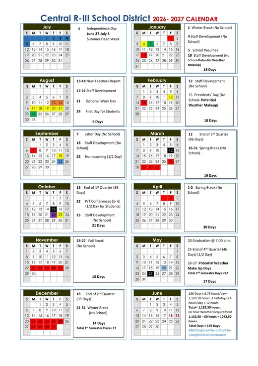 Central R-III School District 2026–2027 Academic Calendar