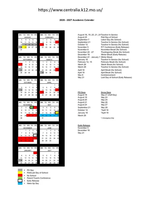 Centralia R-Vi School District 2026–2027 Academic Calendar Page 2