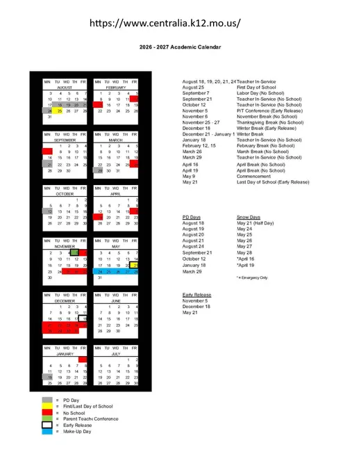 Centralia R-Vi School District 2026–2027 Academic Calendar Page 1