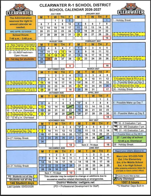 Clearwater R-1 School District 2026–2027 Academic Calendar Page 1