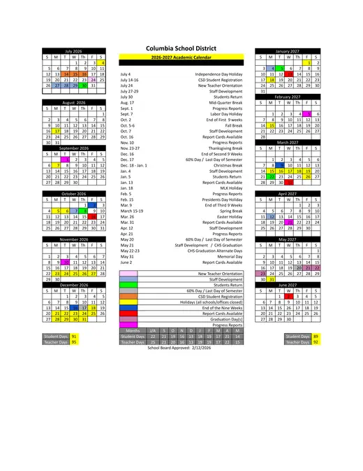 Columbia School District 2026–2027 Academic Calendar