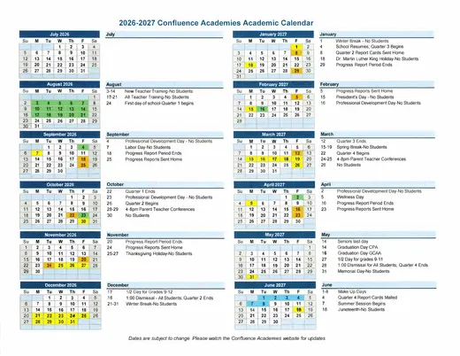 Confluence Academies 2026–2027 Academic Calendar Page 1