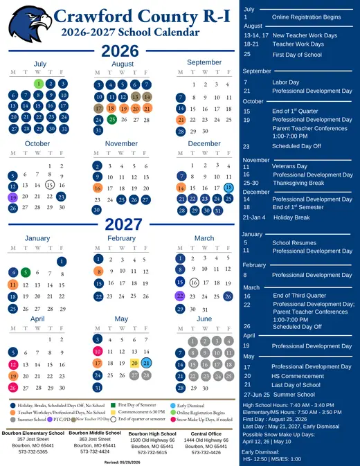 Crawford County R-I 2026–2027 Academic Calendar Page 1