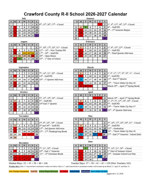 Crawford County R-II School 2026–2027 Academic Calendar Page 1