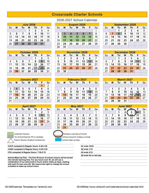 Crossroads Charter Schools 2026–2027 Academic Calendar Page 1