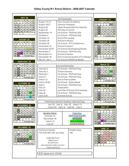 Dallas County R-1 School District 2026–2027 Academic Calendar Page 1