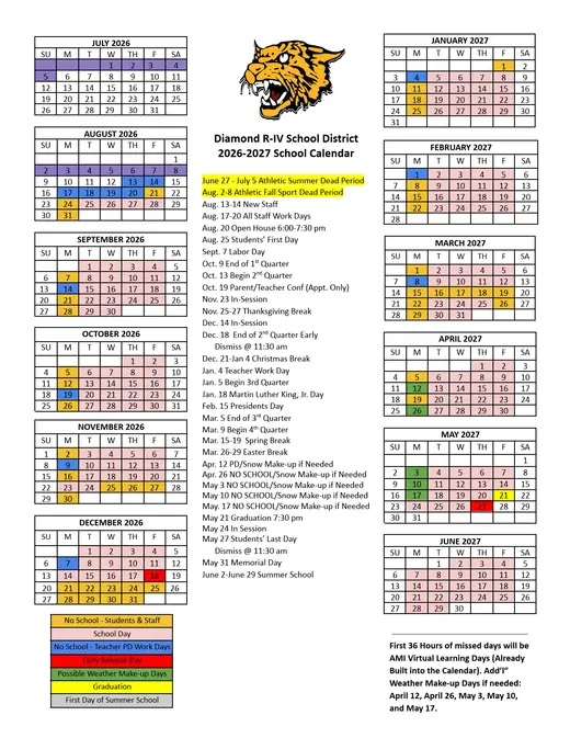 Diamond R-IV School District 2026–2027 Academic Calendar Page 1