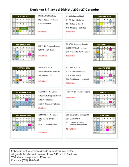 Doniphan R-1 School District 2026–2027 Academic Calendar Page 1