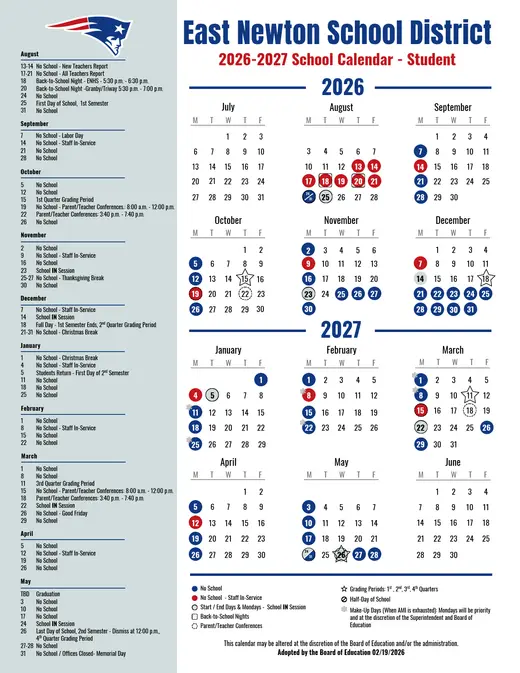 East Newton School District 2026–2027 Academic Calendar Page 1