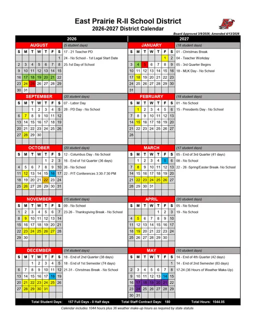 East Prairie R-II School District 2026–2027 Academic Calendar Page 1