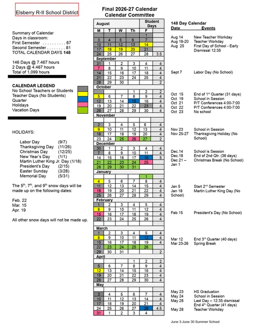 Elsberry R-II School District 2026–2027 Academic Calendar Page 1