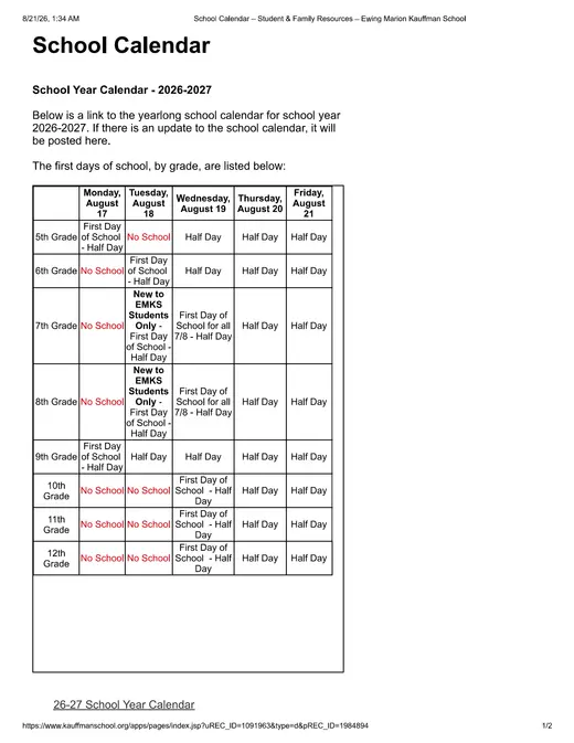 Ewing Marion Kauffman School 2026–2027 Academic Calendar Page 1