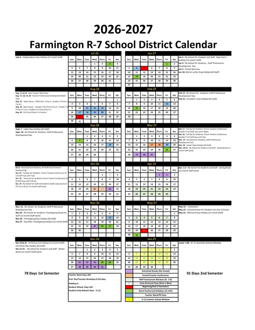 Farmington R-7 School District 2026–2027 Academic Calendar Page 1