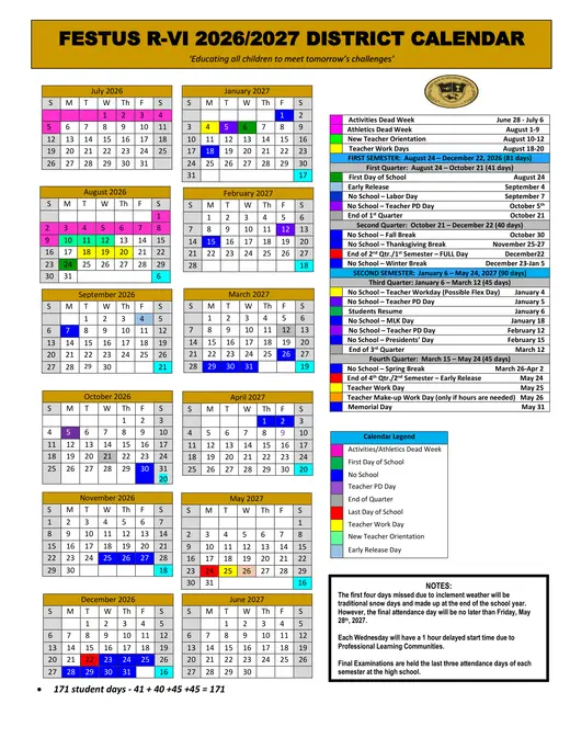Festus R-VI 2026–2027 Academic Calendar