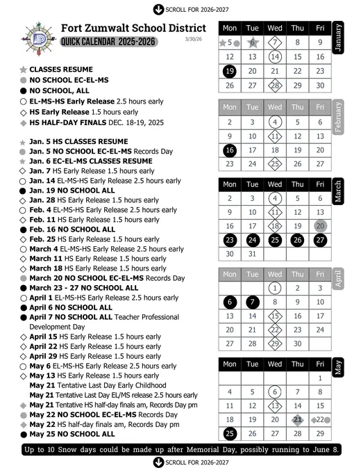 Fort Zumwalt School District 2026–2027 Academic Calendar Page 1