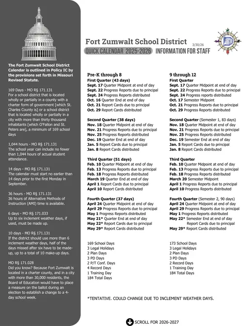Fort Zumwalt School District 2026–2027 Academic Calendar Page 2