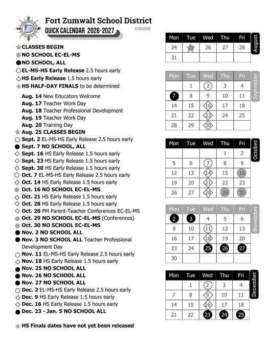 Fort Zumwalt School District 2026–2027 Academic Calendar Page 3
