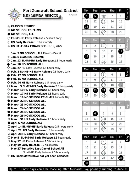 Fort Zumwalt School District 2026–2027 Academic Calendar Page 4