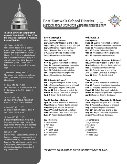 Fort Zumwalt School District 2026–2027 Academic Calendar Page 5
