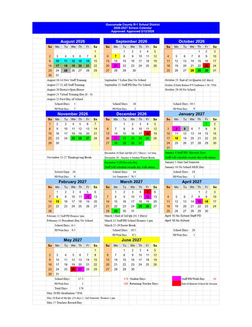 Gasconade County R-1 School District 2026–2027 Academic Calendar Page 1