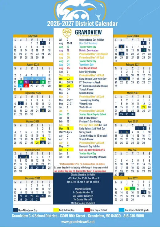 Grandview C-4 School District 2026–2027 Academic Calendar Page 1