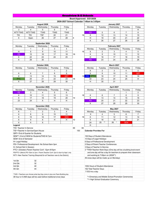 Grandview R-II Schools 2026–2027 Academic Calendar