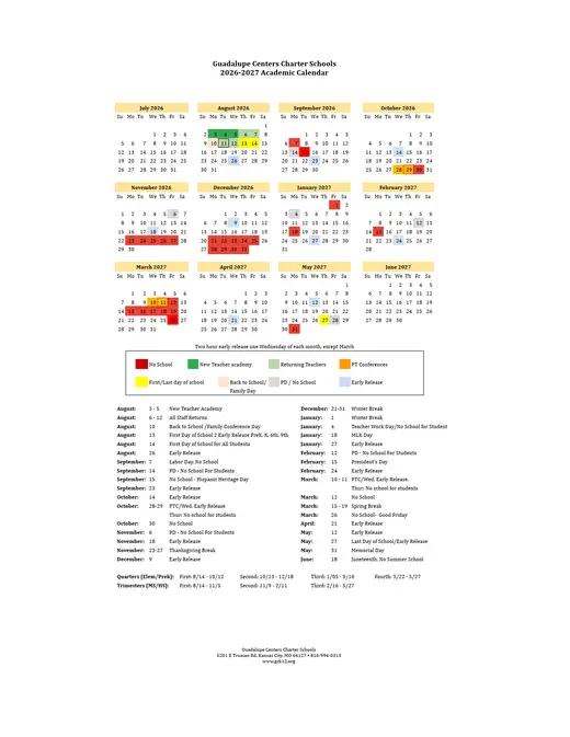 Guadalupe Centers Charter Schools 2026–2027 Academic Calendar Page 1