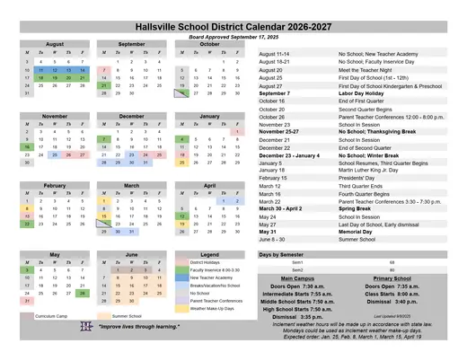 Hallsville School District 2026–2027 Academic Calendar Page 1