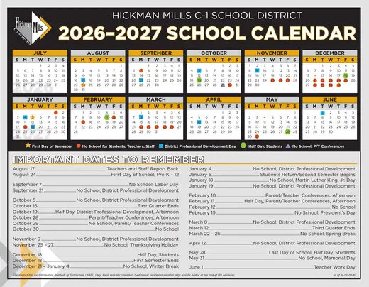 Hickman Mills C-1 School District 2026–2027 Academic Calendar Page 1