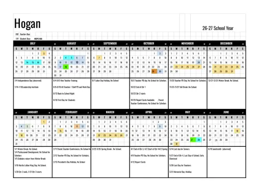 Hogan 2026–2027 Academic Calendar Page 2