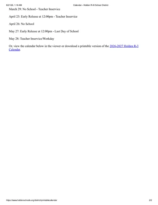Holden R-III School District 2026–2027 Academic Calendar Page 2
