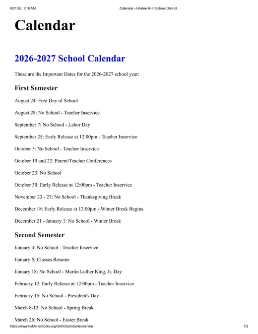 Holden R-III School District 2026–2027 Academic Calendar Page 1