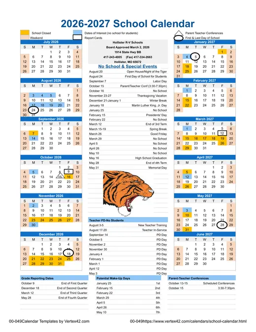 Hollister R-V Schools 2026–2027 Academic Calendar