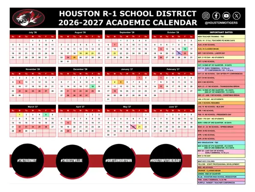 Houston R-1 School District 2026–2027 Academic Calendar Page 1