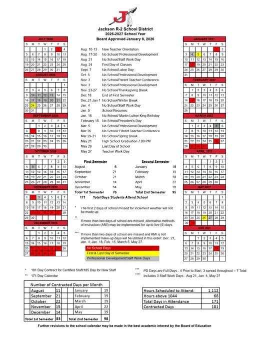 Jackson R-2 School District 2026–2027 Academic Calendar Page 1