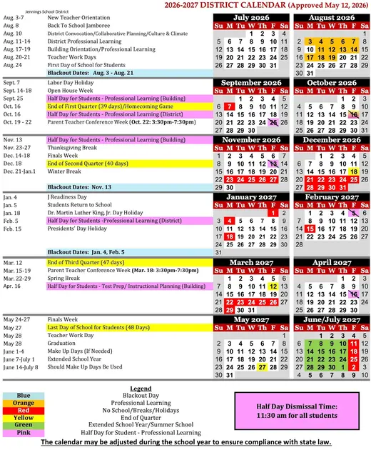 Jennings School District 2026–2027 Academic Calendar Page 1