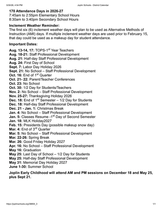 Joplin Schools 2026–2027 Academic Calendar