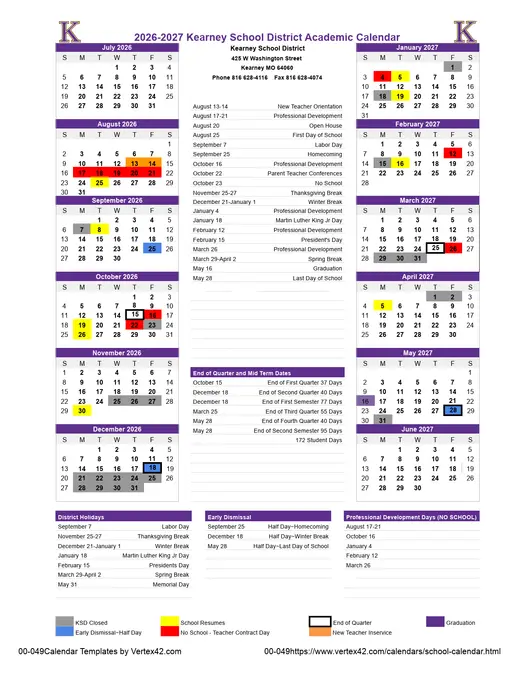 Kearney School District 2026–2027 Academic Calendar Page 1