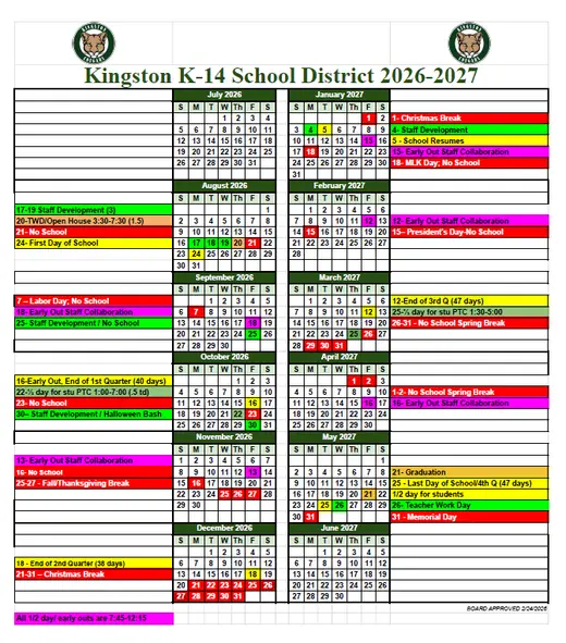 Kingston K-14 School District 2026–2027 Academic Calendar Page 1