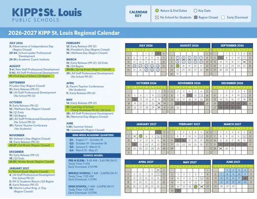 KIPP St. Louis 2026–2027 Academic Calendar Page 1