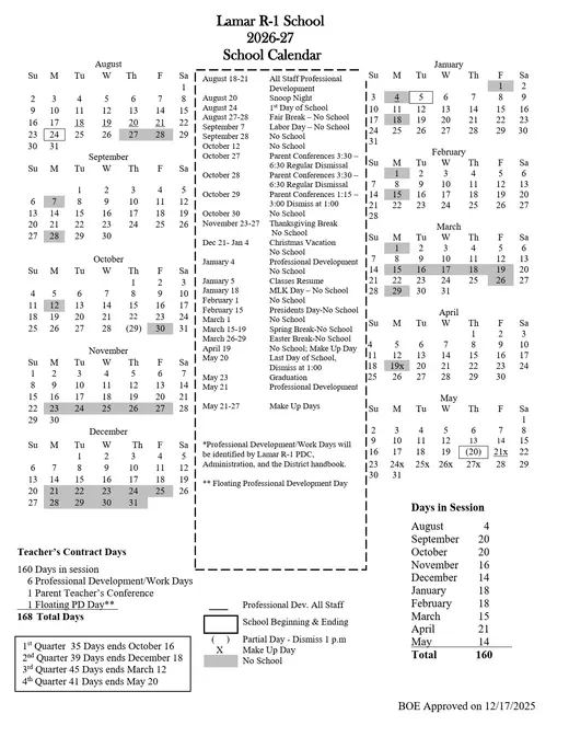Lamar R-1 School 2026–2027 Academic Calendar Page 1